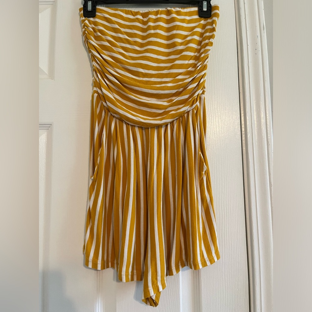 Yellow Striped Strapless Romper